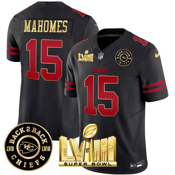Men’s Chiefs Super Bowl LVIII & Back 2 Back Patch Vapor Jersey V3 – All Stitched – Gold Trim – Patrick Mahomes