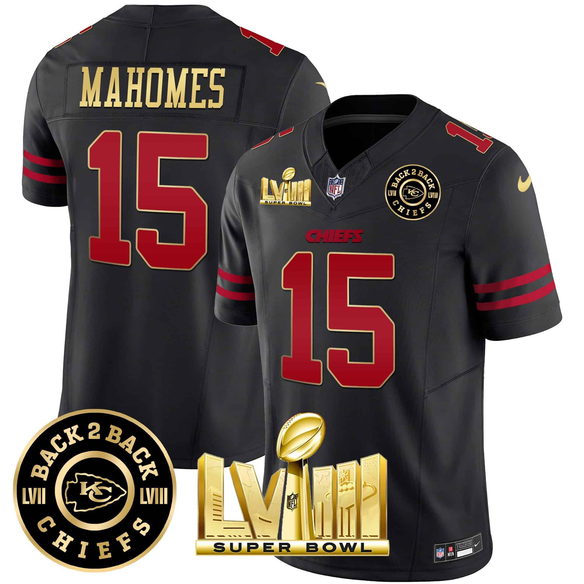 Men’s Chiefs Super Bowl LVIII & Back 2 Back Patch Vapor Jersey V3 – All Stitched – Gold Trim – Patrick Mahomes