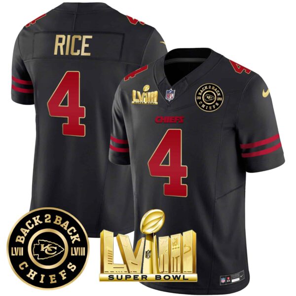 Men’s Chiefs Super Bowl LVIII & Back 2 Back Patch Vapor Jersey V3 – All Stitched – Gold Trim – Rashee Rice