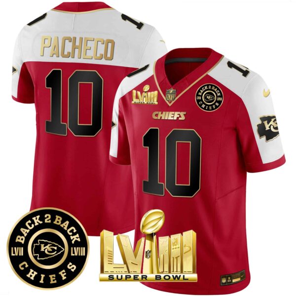 Men’s Chiefs Super Bowl LVIII & Back 2 Back Patch Vapor Jersey V3 – All Stitched – Red Alternate – Isiah Pacheco