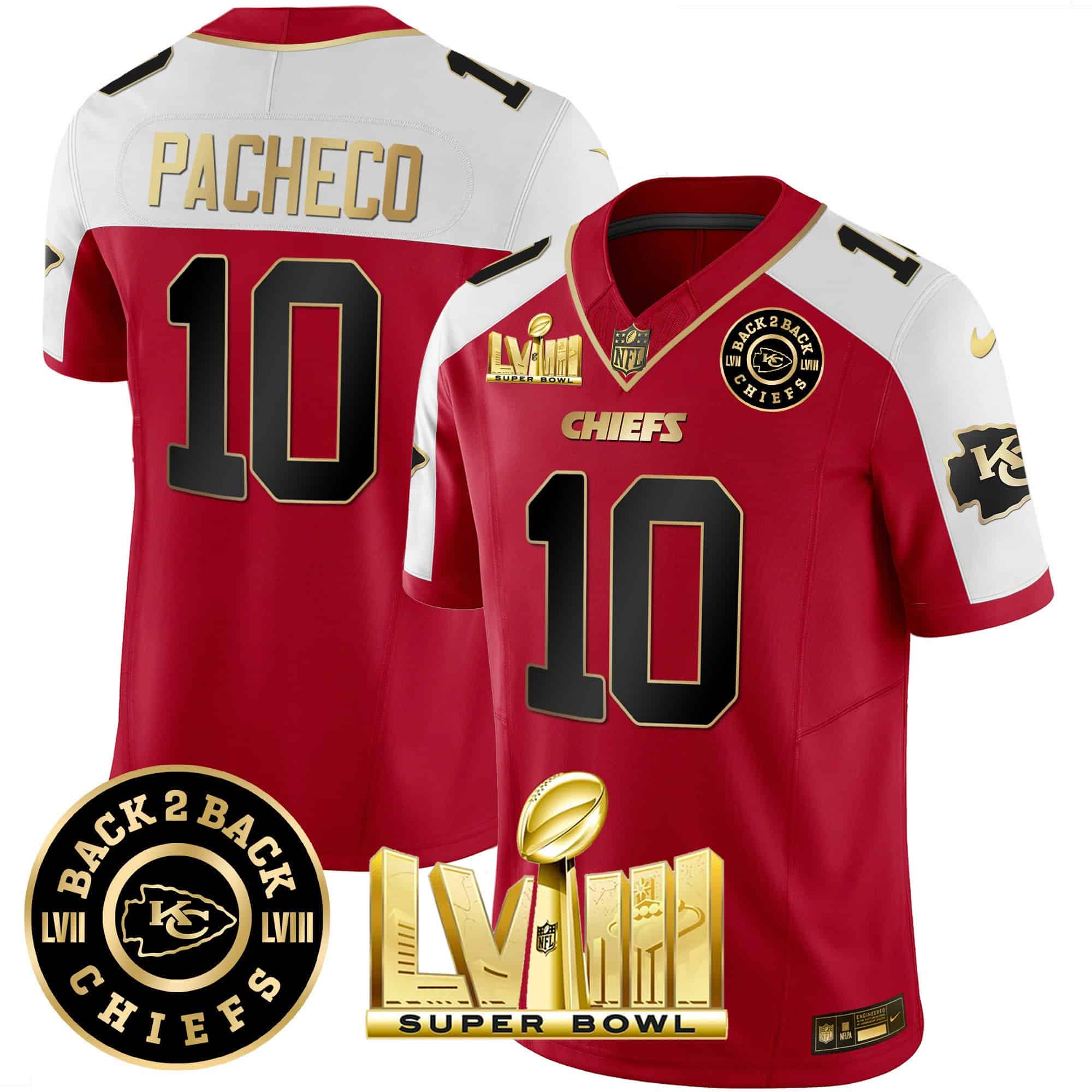 Men’s Chiefs Super Bowl LVIII & Back 2 Back Patch Vapor Jersey V3 – All Stitched – Red Alternate – Isiah Pacheco