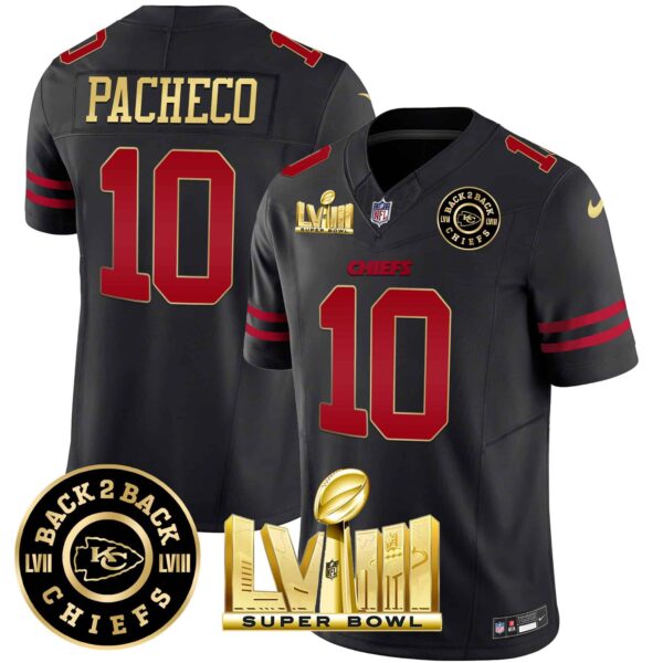 Men’s Chiefs Super Bowl LVIII & Back 2 Back Patch Vapor Jersey V3 – All Stitched – Gold Trim – Isiah Pacheco