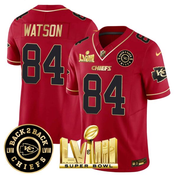 Men’s Chiefs Super Bowl LVIII & Back 2 Back Patch Vapor Jersey V3 – All Stitched – Red Special – Justin Watson