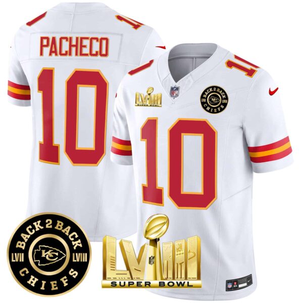 Men’s Chiefs Super Bowl LVIII & Back 2 Back Patch Vapor Jersey V3 – All Stitched – White – Isiah Pacheco