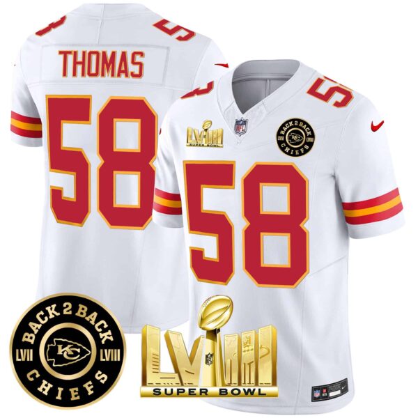 Men’s Chiefs Super Bowl LVIII & Back 2 Back Patch Vapor Jersey V3 – All Stitched – White – Derrick Thomas