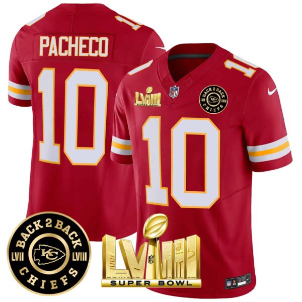 Men’s Chiefs Super Bowl LVIII & Back 2 Back Patch Vapor Jersey V3 – All Stitched – Red – Isiah Pacheco
