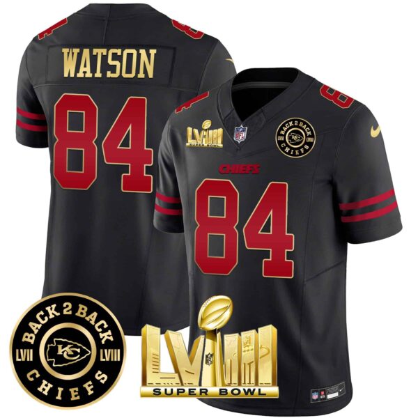 Men’s Chiefs Super Bowl LVIII & Back 2 Back Patch Vapor Jersey V3 – All Stitched – Gold Trim – Justin Watson