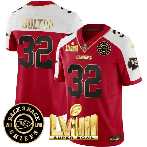Men’s Chiefs Super Bowl LVIII & Back 2 Back Patch Vapor Jersey V3 – All Stitched – Red Alternate – Nick Bolton