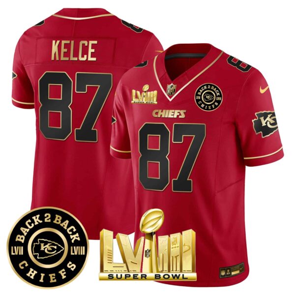 Men’s Chiefs Super Bowl LVIII & Back 2 Back Patch Vapor Jersey V3 – All Stitched – Red Special – Travis Kelce