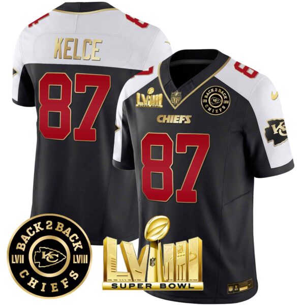 Men’s Chiefs Super Bowl LVIII & Back 2 Back Patch Vapor Jersey V3 – All Stitched – Black Alternate – Travis Kelce