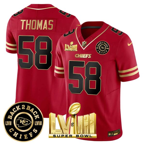 Men’s Chiefs Super Bowl LVIII & Back 2 Back Patch Vapor Jersey V3 – All Stitched – Black Red – Derrick Thomas