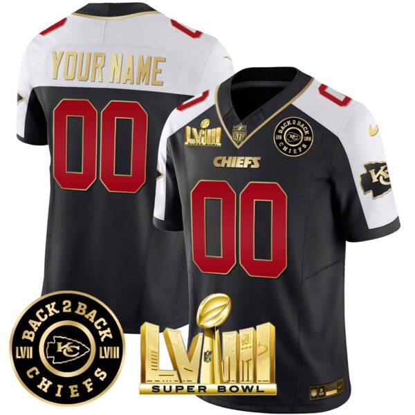 Chiefs Super Bowl LVIII & Back 2 Back Gold Patch Vapor Custom Jersey V3 – All Stitched – Men – Black Alternate