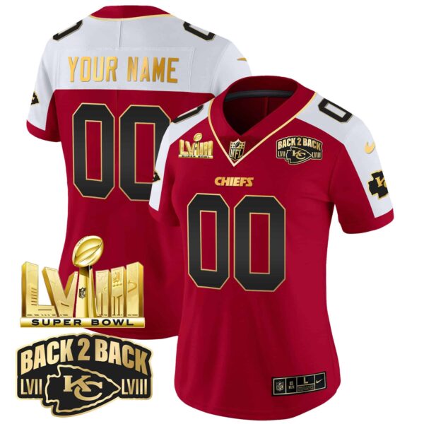 Chiefs Super Bowl LVIII & Back 2 Back Gold Patch Vapor Custom Jersey – All Stitched – Women – Red Alternate