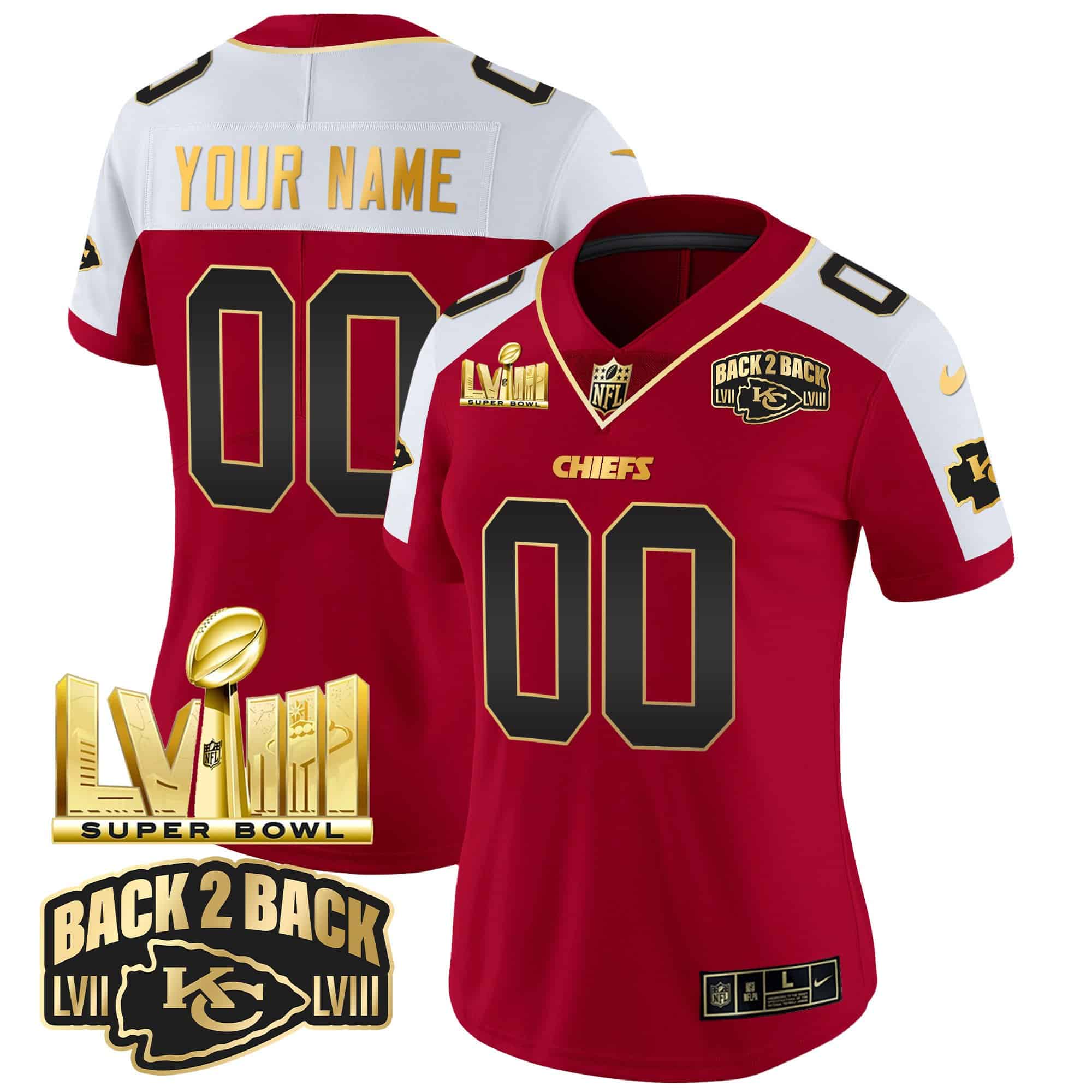 Chiefs Super Bowl LVIII & Back 2 Back Gold Patch Vapor Custom Jersey – All Stitched – Women – Red Alternate