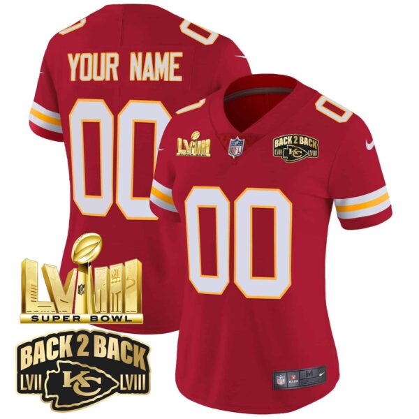 Chiefs Super Bowl LVIII & Back 2 Back Gold Patch Vapor Custom Jersey – All Stitched – Women – Red