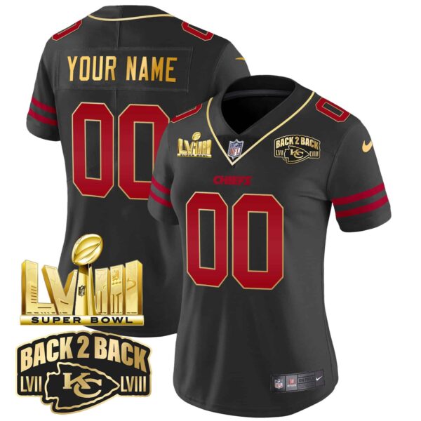 Chiefs Super Bowl LVIII & Back 2 Back Gold Patch Vapor Custom Jersey – All Stitched – Women – Gold Trim