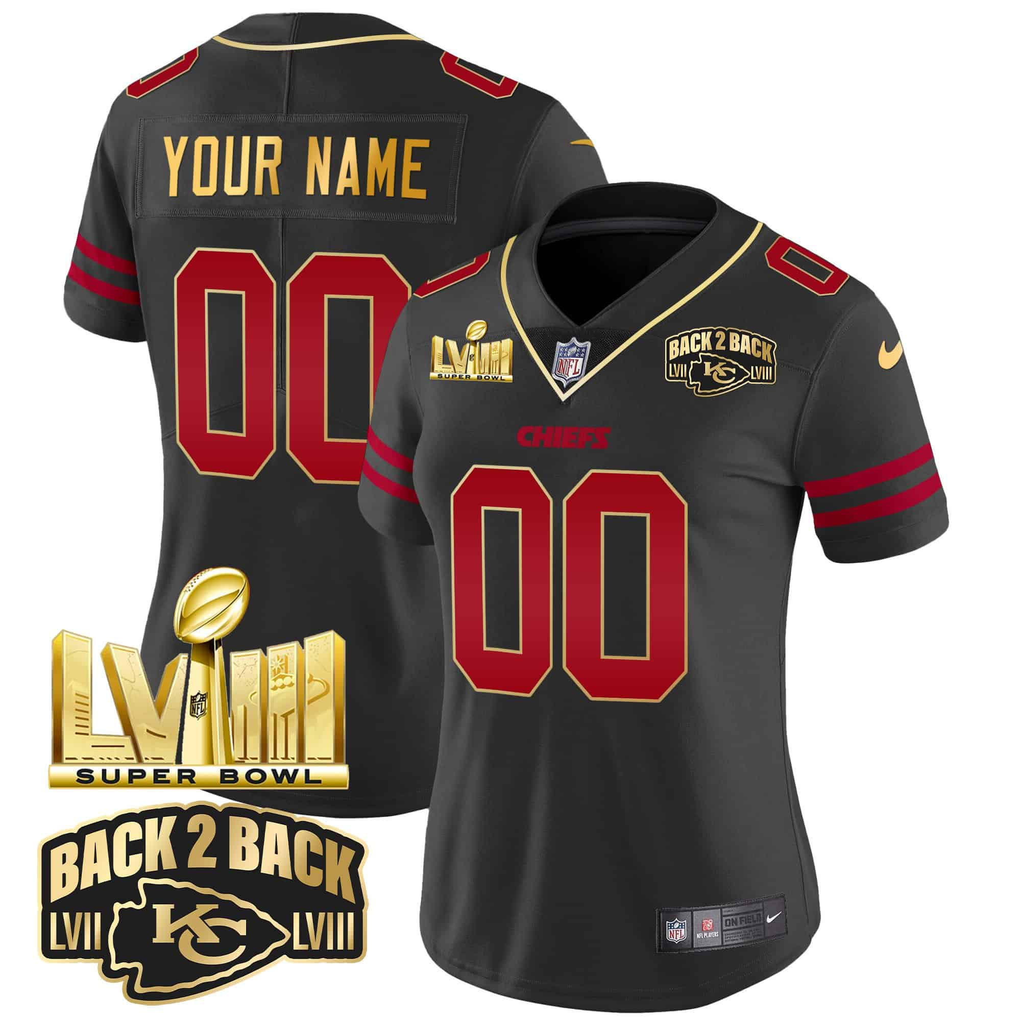 Chiefs Super Bowl LVIII & Back 2 Back Gold Patch Vapor Custom Jersey – All Stitched – Women – Gold Trim