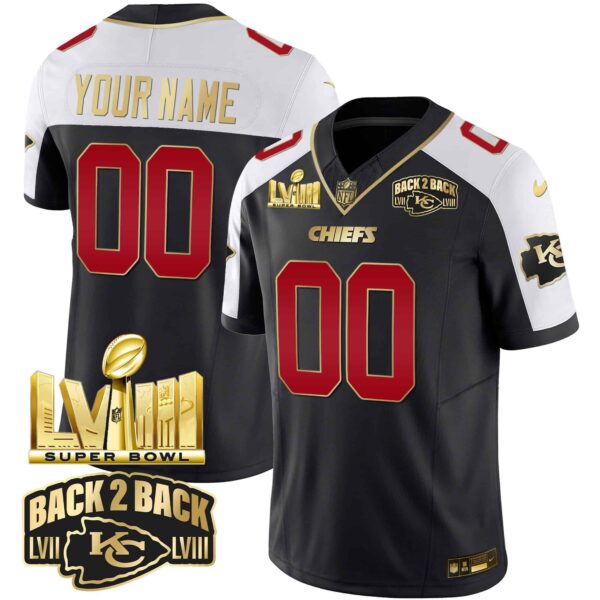 Chiefs Super Bowl LVIII & Back 2 Back Gold Patch Vapor Custom Jersey – All Stitched – Youth – Black Alternate