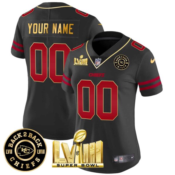 Chiefs Super Bowl LVIII & Back 2 Back Gold Patch Vapor Custom Jersey V3 – All Stitched – Women – Gold Trim
