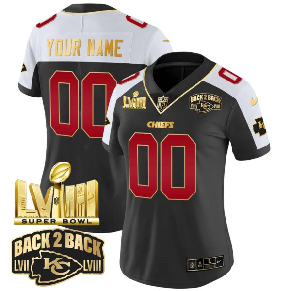 Chiefs Super Bowl LVIII & Back 2 Back Gold Patch Vapor Custom Jersey – All Stitched – Women – Black Alternate