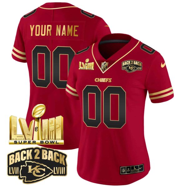Chiefs Super Bowl LVIII & Back 2 Back Gold Patch Vapor Custom Jersey – All Stitched – Women – Black Red