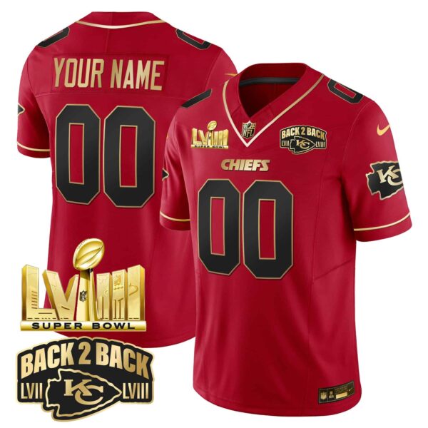 Chiefs Super Bowl LVIII & Back 2 Back Gold Patch Vapor Custom Jersey – All Stitched – Men – Red Special