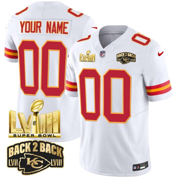 Chiefs Super Bowl LVIII & Back 2 Back Gold Patch Vapor Custom Jersey – All Stitched – Youth – White