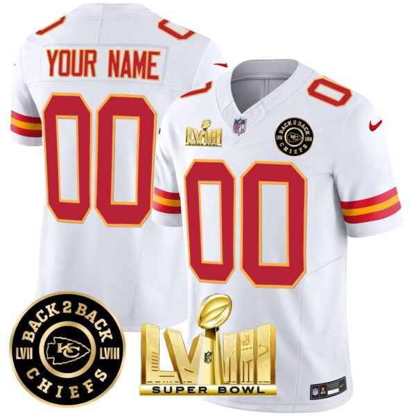 Chiefs Super Bowl LVIII & Back 2 Back Gold Patch Vapor Custom Jersey V3 – All Stitched – Youth – White