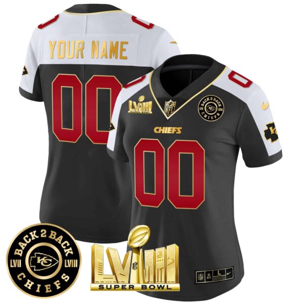 Chiefs Super Bowl LVIII & Back 2 Back Gold Patch Vapor Custom Jersey V3 – All Stitched – Women – Black Alternate