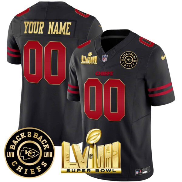 Chiefs Super Bowl LVIII & Back 2 Back Gold Patch Vapor Custom Jersey V3 – All Stitched – Youth – Gold Trim