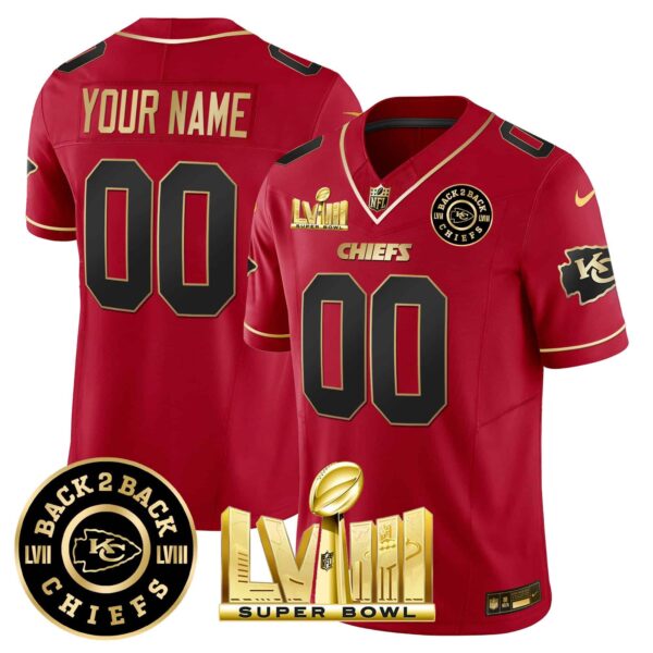 Chiefs Super Bowl LVIII & Back 2 Back Gold Patch Vapor Custom Jersey V3 – All Stitched – Men – Red Special