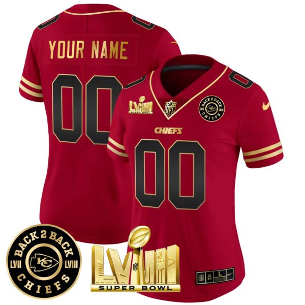 Chiefs Super Bowl LVIII & Back 2 Back Gold Patch Vapor Custom Jersey V3 – All Stitched – Women – Black Red