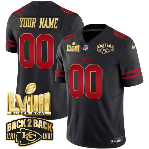Chiefs Super Bowl LVIII & Back 2 Back Gold Patch Vapor Custom Jersey – All Stitched – Youth – Gold Trim