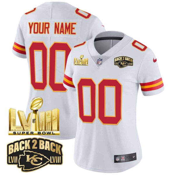 Chiefs Super Bowl LVIII & Back 2 Back Gold Patch Vapor Custom Jersey – All Stitched – Women – White