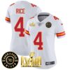 Women’s Chiefs Super Bowl LVIII & Back 2 Back Patch Vapor Jersey V3 – All Stitched – White – Rashee Rice