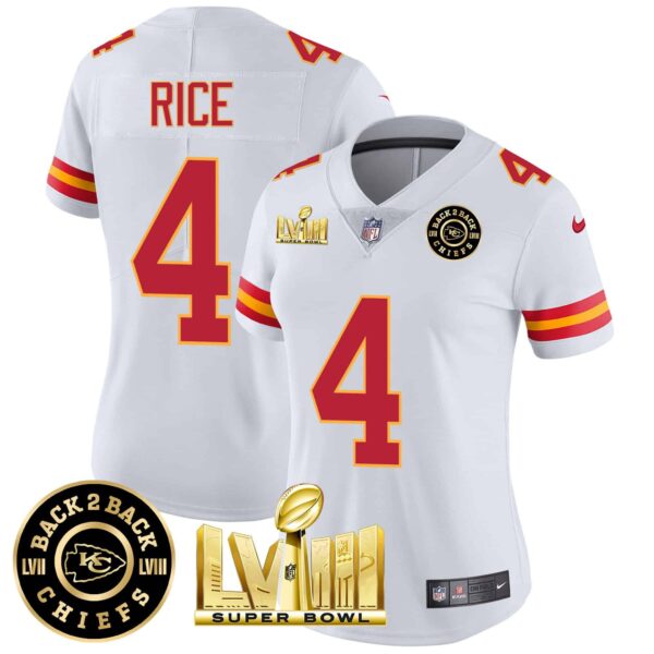 Women’s Chiefs Super Bowl LVIII & Back 2 Back Patch Vapor Jersey V3 – All Stitched – White – Rashee Rice