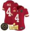 Women’s Chiefs Super Bowl LVIII & Back 2 Back Patch Vapor Jersey V3 – All Stitched – Red – Rashee Rice