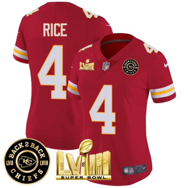Women’s Chiefs Super Bowl LVIII & Back 2 Back Patch Vapor Jersey V3 – All Stitched – Red – Rashee Rice