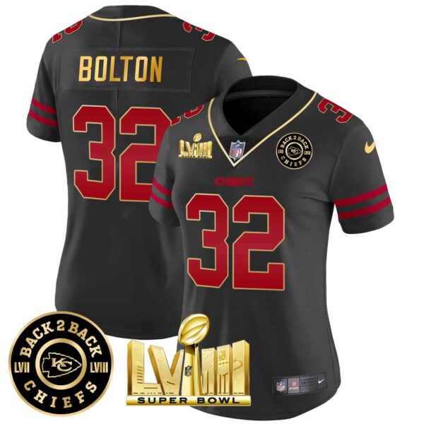 Women’s Chiefs Super Bowl LVIII & Back 2 Back Patch Vapor Jersey V3 – All Stitched – Gold Trim – Nick Bolton