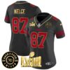 Women’s Chiefs Super Bowl LVIII & Back 2 Back Patch Vapor Jersey V3 – All Stitched – Gold Trim – Travis Kelce