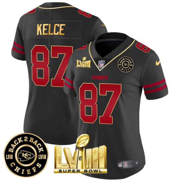 Women’s Chiefs Super Bowl LVIII & Back 2 Back Patch Vapor Jersey V3 – All Stitched – Gold Trim – Travis Kelce