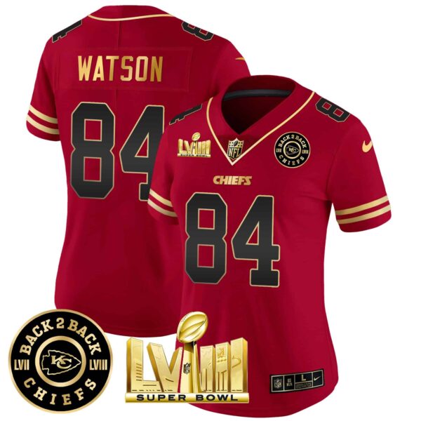 Women’s Chiefs Super Bowl LVIII & Back 2 Back Patch Vapor Jersey V3 – All Stitched – Black Red – Justin Watson