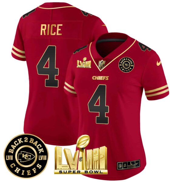 Women’s Chiefs Super Bowl LVIII & Back 2 Back Patch Vapor Jersey V3 – All Stitched – Black Red – Rashee Rice