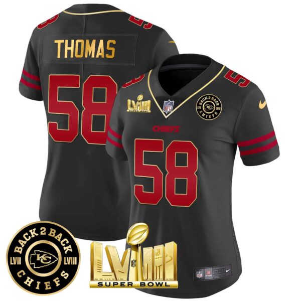 Women’s Chiefs Super Bowl LVIII & Back 2 Back Patch Vapor Jersey V3 – All Stitched – Gold Trim – Derrick Thomas