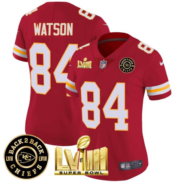 Women’s Chiefs Super Bowl LVIII & Back 2 Back Patch Vapor Jersey V3 – All Stitched – Red – Justin Watson