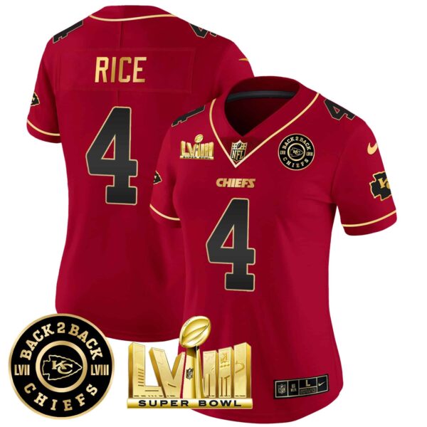 Women’s Chiefs Super Bowl LVIII & Back 2 Back Patch Vapor Jersey V3 – All Stitched – Red Special – Rashee Rice