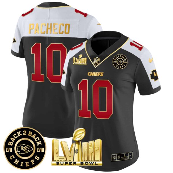 Women’s Chiefs Super Bowl LVIII & Back 2 Back Patch Vapor Jersey V3 – All Stitched – Black Alternate – Isiah Pacheco