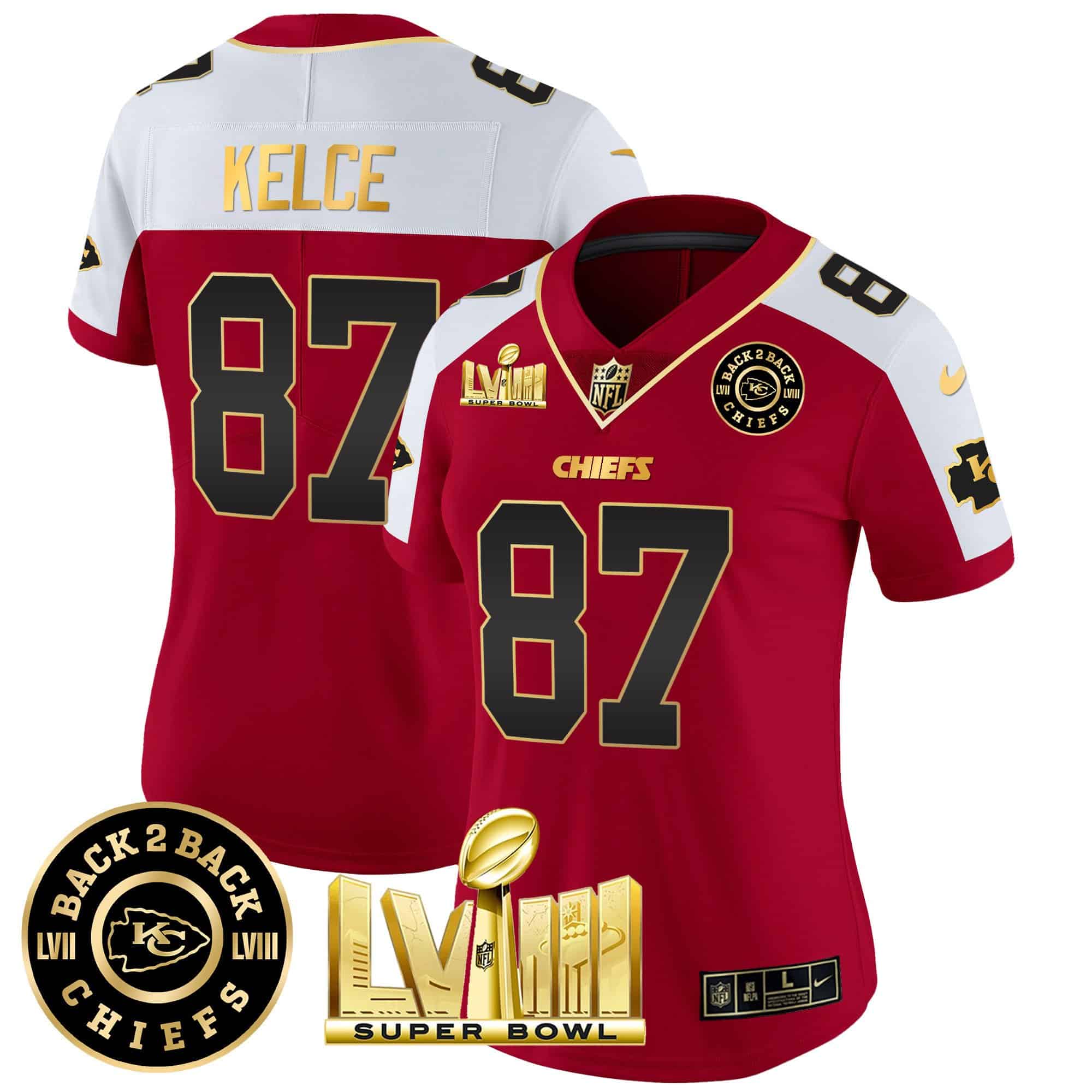 Women’s Chiefs Super Bowl LVIII & Back 2 Back Patch Vapor Jersey V3 – All Stitched – Red Alternate – Travis Kelce