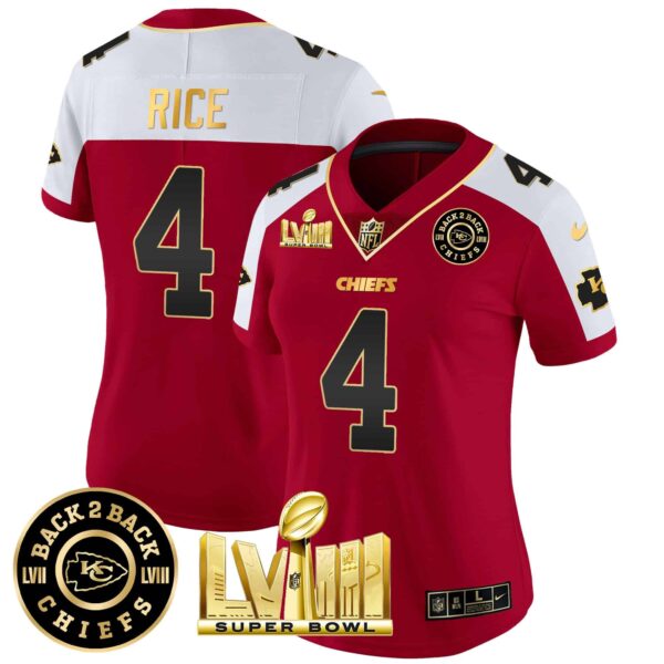 Women’s Chiefs Super Bowl LVIII & Back 2 Back Patch Vapor Jersey V3 – All Stitched – Red Alternate – Rashee Rice