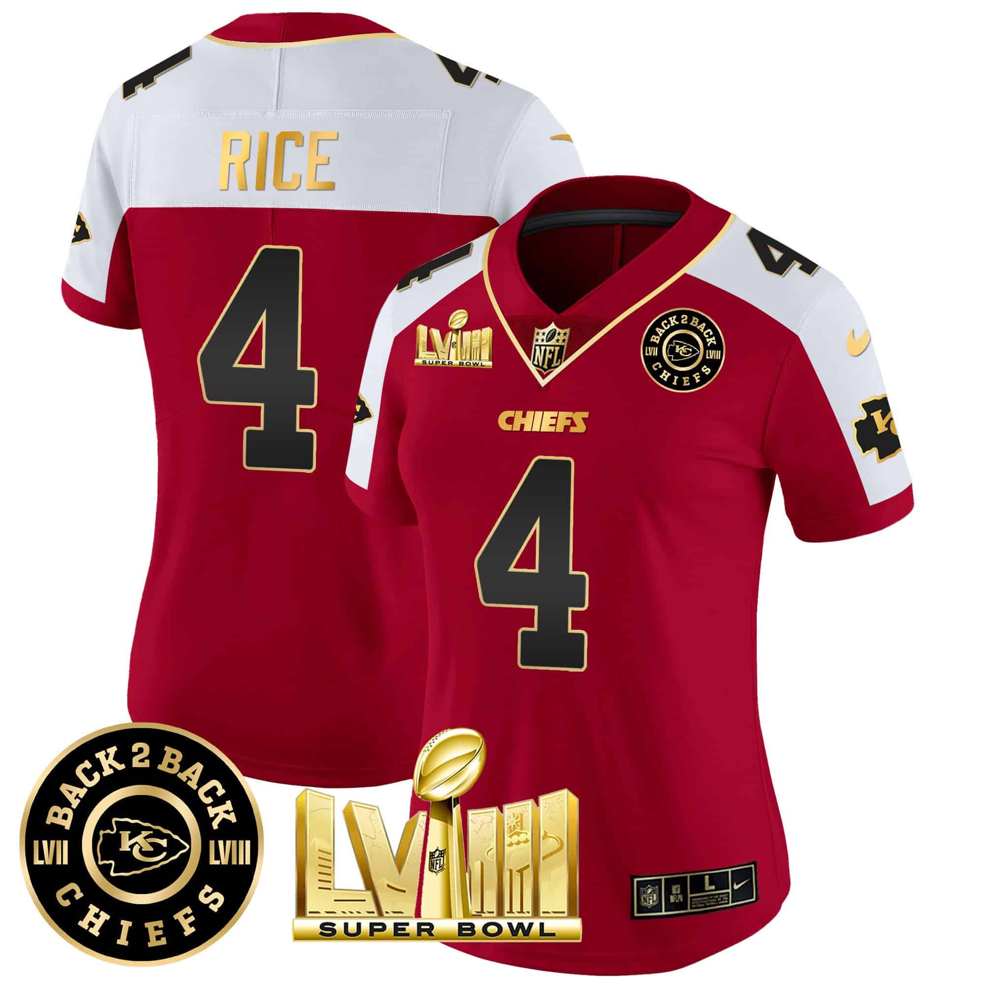 Women’s Chiefs Super Bowl LVIII & Back 2 Back Patch Vapor Jersey V3 – All Stitched – Red Alternate – Rashee Rice
